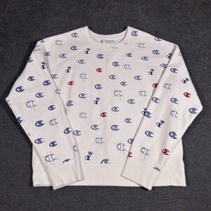 Champion Reverse Weave Sweatshirt Women's XL Logo Pullover All Over Print White